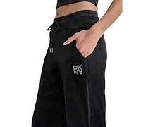 Dkny Women's Velour Rhinestone-Logo Side-Slit Track Pants