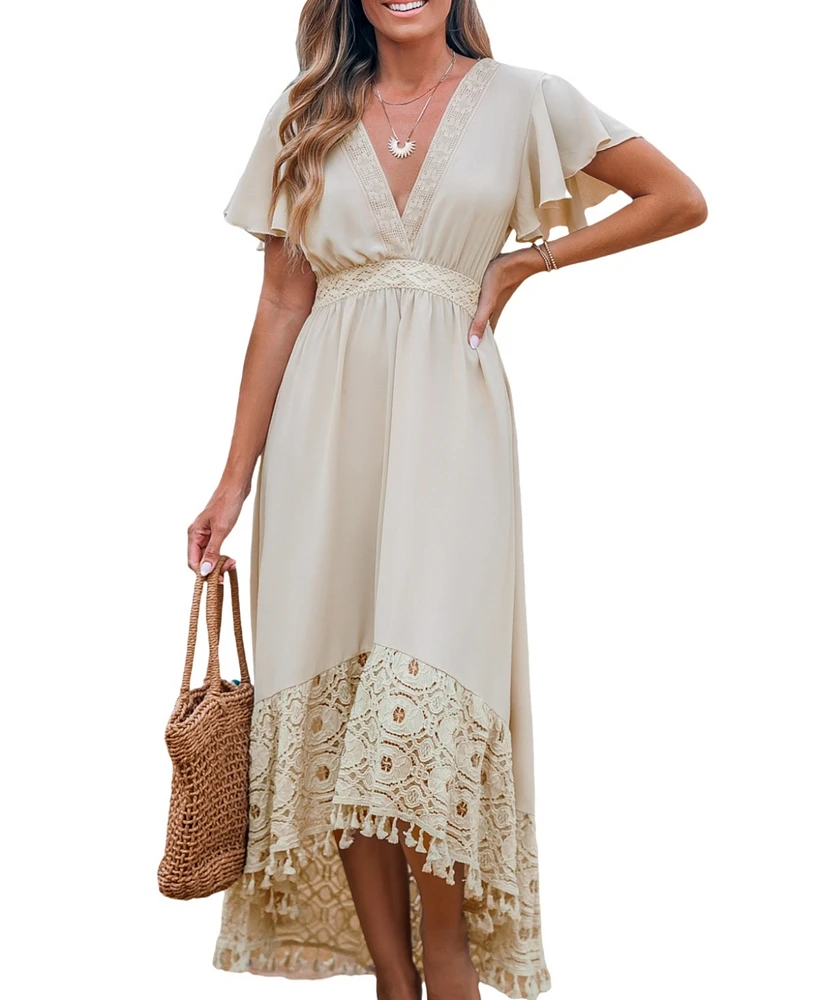 Cupshe Women's Neutral V-Neck Ruffled Sleeve Lace Hem Midi Beach Dress