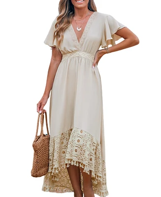 Cupshe Women's Neutral V-Neck Ruffled Sleeve Lace Hem Midi Beach Dress