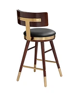 Studio 55D Parker Walnut Wood Gold Metal Bar Stool Brown 25 1/2" High Mid Century Modern Black Leather Upholstered with Backrest Footrest for Kitchen