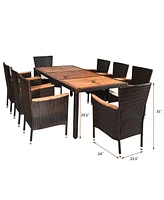 Sugift 9 Pieces Rattan Dining Set with Acacia Wood Table and Stackable Cushioned Chairs