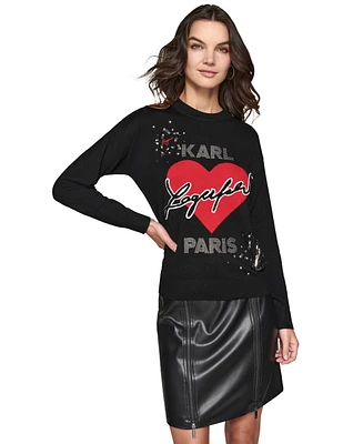 Karl Lagerfeld Paris Petite Beaded Heart Sweater