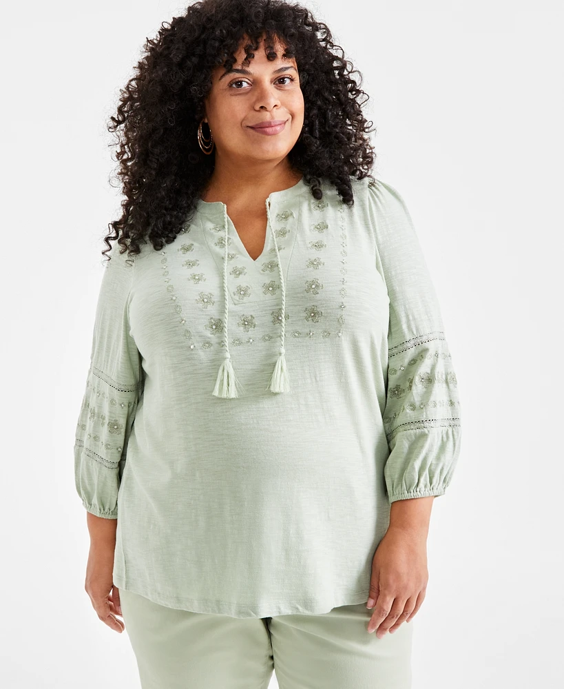 Style & Co Plus Sequinned Embroidered Top, Created for Macy's