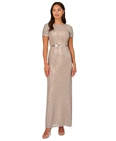 Adrianna Papell Women's Short-Sleeve Sequined Column Gown