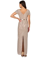 Adrianna Papell Women's Short-Sleeve Sequined Column Gown