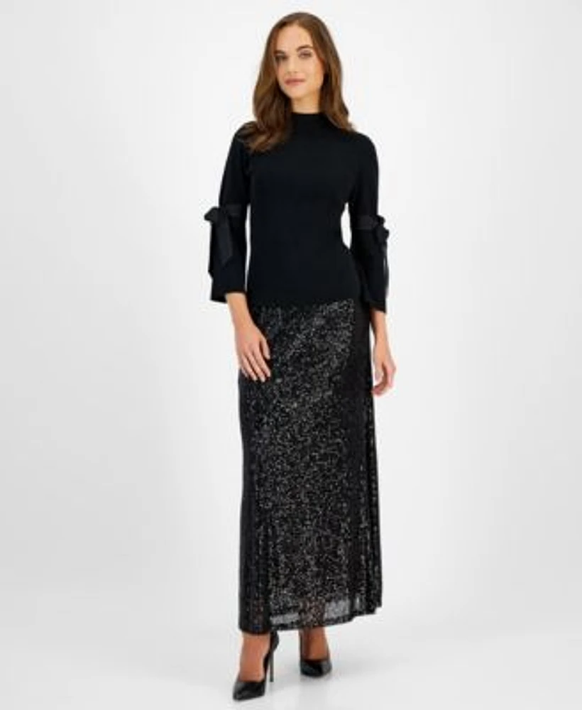 Anne Klein Womens Mock Neck Tie Sleeve Sweater Sequin Maxi Skirt