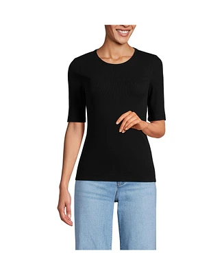 Lands' End Women's Drapey Rib Skimming Elbow Sleeve Crew Neck T-shirt