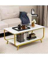 Givimo 2-Tier Faux Marble Top Rectangular Coffee Table with Metal Frame-White