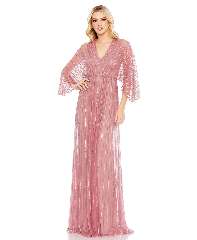 Mac Duggal Women's Beaded Striping Kimono Sleeve V Neck Gown