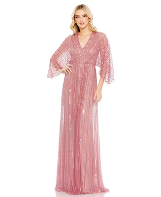 Mac Duggal Women's Beaded Striping Kimono Sleeve V Neck Gown