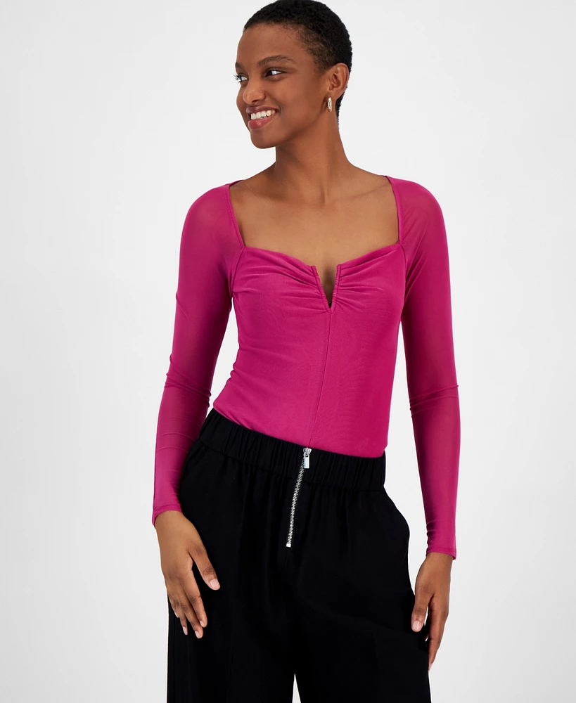 Bar Iii Women's Mesh Long-Sleeve V-Wire Bodysuit, Created for Macy's