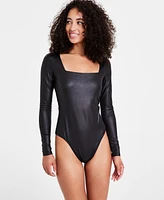 Bar Iii Women's Coated Square-Neck Long-Sleeve Bodysuit, Created for Macy's