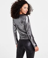 Bar Iii Petite Ruched Long-Sleeve Metallic Top, Created for Macy's