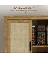 64" Rattan Kitchen Storage Cabinet with Adjustable Shelf, Natural