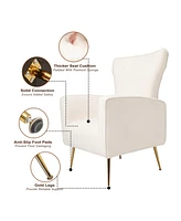 White Velvet Wingback Accent Chair with Gold Legs