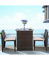 3 Pieces Cushioned Wicker Patio Bistro Set with No Assembly Needed