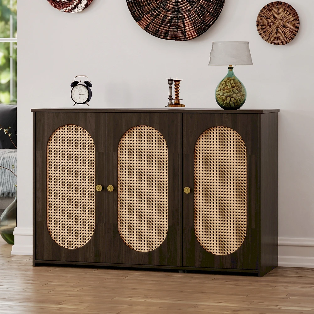 Streamdale Furniture Retro 3-Door Sideboard with Rattan Doors and Metal Handles