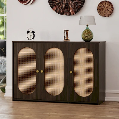 Streamdale Furniture Retro 3-Door Sideboard with Rattan Doors and Metal Handles