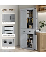 72" Gray Beadboard Kitchen Pantry with 4 Doors and 3 Shelves
