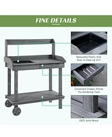 36" Gray Potting Bench with Wheels, Sink, Drawer & Storage
