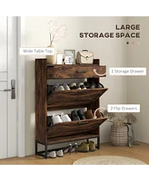 Streamdale Furniture Narrow Shoe Cabinet with 2 Flip Doors and Top Drawer, Brown