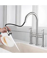 Streamdale Furniture Double Handle Bridge Kitchen Faucet With Pull-Down Spray Head