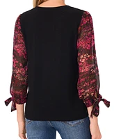 CeCe Women's Floral Printed Mixed Media with Tie Sleeves Blouse