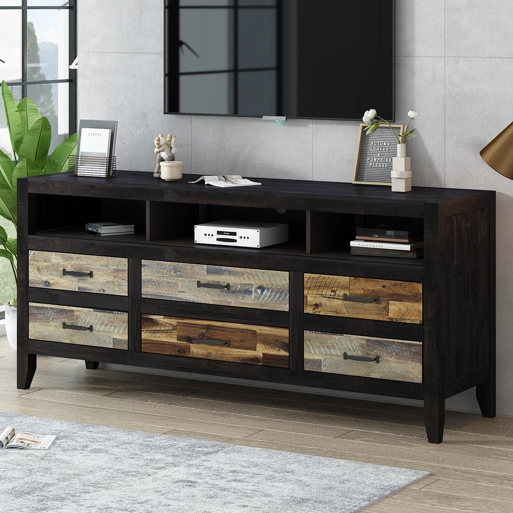 Streamdale Furniture Retro Distressed Tv Stand with Drawers and Shelves