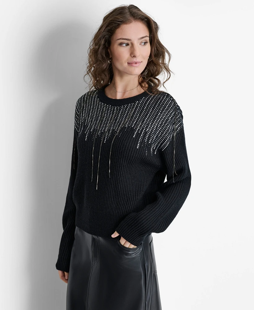 Dkny Women's Embellished-Fringe Rib-Knit Sweater