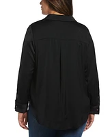 Rafaella Plus Notch Collar Silk Long Sleeve Button-Down Blouse