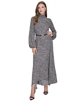 Halston Women's Smock-Neck Long-Sleeve Belted Chiffon Dress