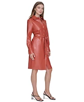 Halston Women's Faux-Leather Tie-Waist Shirtdress