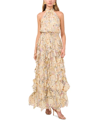 1.state Women's Floral Smocked Cascade-Ruffle Halter Maxi Dress