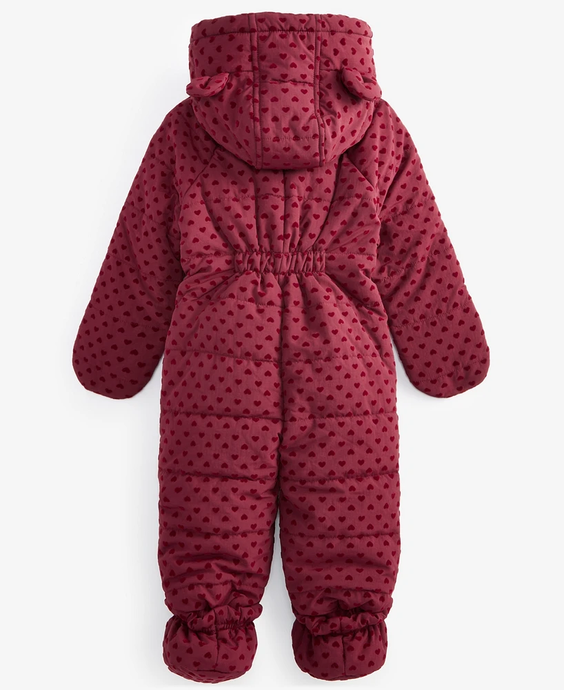 First Impressions Baby Girls Hooded Flocked Hearts Footed Snowsuit, Created for Macy's