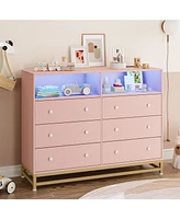 gaomon 6 Drawer Double Dresser Tv Stand with Power Outlet & Led Light - Wood Dresser for Nursery, Living Room, Hallway