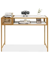 Sugift Faux Marble Console Table with Wire Baske for Hallway and Living Room-White