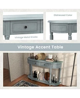 Sugift 52 Inch Retro Console Table with 2 Drawers and Open Shelf Entryway Sofa Table-Blue