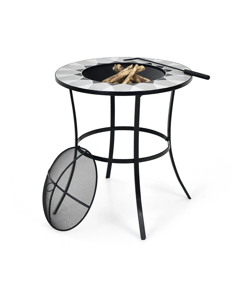 Sugift 23.5 Inches Round Fire Pit Table with Mesh Cover and Fire Poker