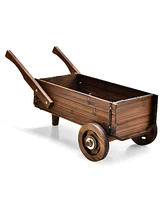 Sugift Wooden Wagon Planter Box with Wheels Handles and Drainage Hole-Rustic Brown