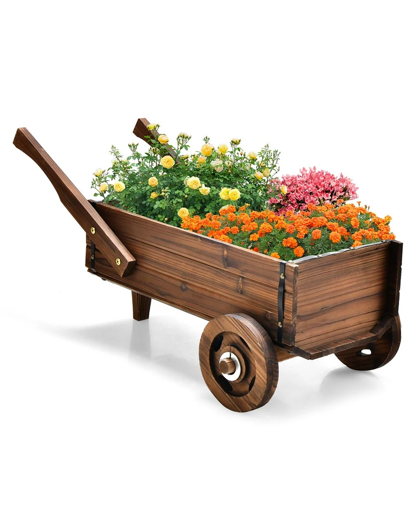 Sugift Wooden Wagon Planter Box with Wheels Handles and Drainage Hole-Rustic Brown