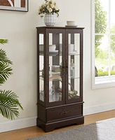 Simplie Fun Lighted Glass Curio Cabinet, Adjustable Shelves, 2 Doors, Drawer, Bulb, Cherry