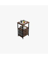 Skonyon 3-Tier Retro Nightstand with 2 Removable Fabric Drawers and Open Shelf-Walnut