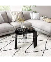 Skonyon 29.5 Inch Round Glass Coffee Table with Solid Rubber Wood Legs for Living Room Home Office Small Space-Black