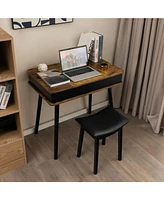 Skonyon Vanity Table Set with Flip Top Mirror Lights Usb Writing Desk and Stool-Brown
