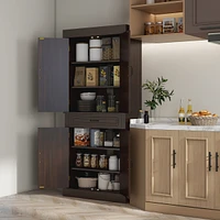Freestanding Kitchen Pantry with 4 Doors, Cabinets, and Drawer