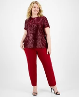 Anne Klein Plus Sequinned Mesh-Trim Short-Sleeve Top