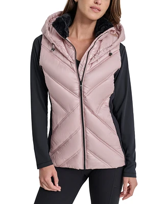 Dkny Women's Hooded Puffer Vest with Contrast Scuba and Teddy Faux Fur Collar