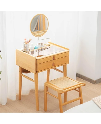 Sugift Bamboo Makeup Vanity Table with Stool and Rotating Mirror