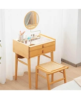 Sugift Bamboo Makeup Vanity Table with Stool and Rotating Mirror