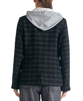 Elan Women's Plaid Long-Sleeve Layered Blazer Hoodie